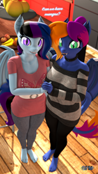 Size: 1080x1920 | Tagged: safe, artist:anthroponiessfm, imported from derpibooru, oc, oc:layla horizon, oc:maple cake, anthro, bat pony, 3d, anthro oc, barefoot, bat pony oc, clothes, cute, fangs, feet, female, holding hands, leggings, looking at you, pants, source filmmaker, sweater