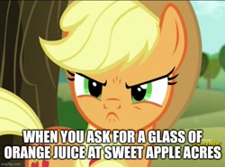 Size: 675x499 | Tagged: safe, edit, edited screencap, imported from derpibooru, screencap, applejack, earth pony, pony, no second prances, angerjack, angry, applejack is best facemaker, applejack is not amused, caption, cropped, cute, cute when angry, female, frown, fruit heresy, glare, image macro, jackabetes, madorable, mare, solo, text, unamused