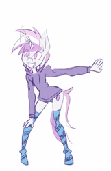 Size: 2442x3758 | Tagged: safe, artist:200cups, imported from derpibooru, oc, oc only, oc:glam rock, anthro, unguligrade anthro, unicorn, clothes, high res, hoodie, smiling, socks, striped legwear, thigh highs