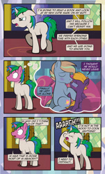 Size: 1920x3169 | Tagged: safe, artist:alexdti, imported from derpibooru, oc, oc only, oc:brainstorm (alexdti), oc:purple creativity, oc:star logic, pegasus, pony, unicorn, comic:quest for friendship, blushing, comic, dialogue, eyes closed, female, floppy ears, folded wings, glasses, green eyes, holding hooves, hoof on head, horn, jealous, kissing, male, mare, open mouth, pegasus oc, shadow, shrunken pupils, sitting, speech bubble, stallion, standing, tail, thought bubble, twilight's castle, two toned mane, two toned tail, unicorn oc, walking, wings