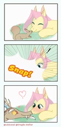 Size: 495x1024 | Tagged: safe, artist:lululaozi, imported from derpibooru, discord, fluttershy, draconequus, pegasus, pony, squirrel, animal, blushing, boop, comic, cute, discoshy, discute, ear fluff, exclamation point, eyes closed, female, heart, lying down, male, noseboop, prone, shipping, signature, smiling, straight