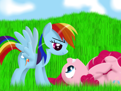 Size: 1920x1440 | Tagged: safe, artist:waveywaves, imported from derpibooru, pinkie pie, rainbow dash, earth pony, pegasus, pony, duo, female, grass, lesbian, looking at each other, lying down, on back, pinkiedash, shipping, smiling