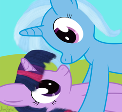 Size: 2000x1850 | Tagged: safe, artist:waveywaves, imported from derpibooru, trixie, twilight sparkle, pony, unicorn, duo, eye contact, female, lesbian, looking at each other, lying down, on back, shipping, smiling, twixie