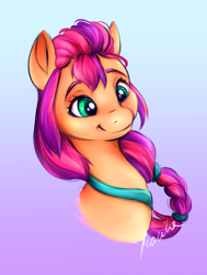 Size: 694x919 | Tagged: safe, artist:buttersprinkle, imported from derpibooru, sunny starscout, earth pony, pony, braid, bust, female, g5, gradient background, mare, my little pony: a new generation, smiling, solo