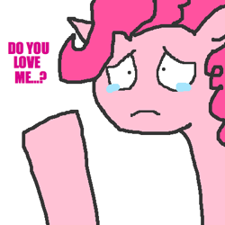Size: 400x400 | Tagged: safe, artist:askpinkiepieandfriends, imported from derpibooru, pinkie pie, earth pony, pony, bust, frown, sad, simple background, solo, talking to viewer, teary eyes, white background