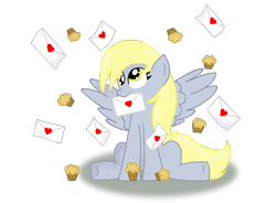 Size: 940x692 | Tagged: safe, artist:eternalash, imported from derpibooru, derpy hooves, pegasus, pony, female, heart, letter, mouth hold, simple background, solo, spread wings, transparent background, wings