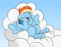 Size: 2174x1665 | Tagged: safe, artist:doodledonutart, imported from derpibooru, rainbow dash, pegasus, pony, chest fluff, cloud, cloud bed, female, floppy ears, mare, open mouth, sleeping, solo