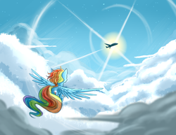 Size: 1280x988 | Tagged: safe, artist:gloomydinosaur, imported from derpibooru, rainbow dash, pegasus, pony, cloud, flying, plane, sky, solo, sun