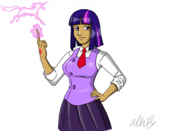 Size: 1600x1200 | Tagged: safe, artist:thecreator9, imported from derpibooru, twilight sparkle, human, bowtie, clothes, dark skin, female, hand on hip, humanized, magic, school uniform, schoolgirl, simple background, skirt, solo, vest, white background