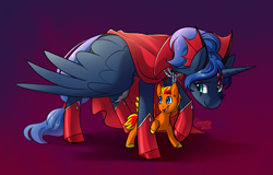 Size: 1800x1150 | Tagged: safe, artist:cosmalumi, idw, imported from derpibooru, princess luna, oc, oc:fireheart(fire), alicorn, pegasus, reflections, spoiler:comic, 2021, alternate universe, boots, cape, child, clothes, evil counterpart, evil luna, female, male, maternaluna, mirror universe, mother, mother and child, mother and son, pegasus oc, shoes, son