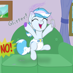 Size: 4000x4000 | Tagged: safe, artist:nitei, imported from derpibooru, oc, oc only, oc:snow frost, earth pony, pony, adult foal, couch, diaper, diaper fetish, earth pony oc, eyes closed, fetish, glitter, jumping, messy, non-baby in diaper, offscreen character, open mouth, open smile, show accurate, smiling, solo