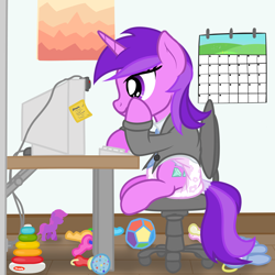 Size: 4000x4000 | Tagged: safe, artist:nitei, imported from derpibooru, amethyst star, sparkler, pony, unicorn, adult foal, chair, computer, diaper, diaper fetish, fetish, meeting, non-baby in diaper, pink diaper, show accurate, sitting, toy, webcam