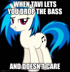 Size: 500x518 | Tagged: safe, imported from derpibooru, dj pon-3, vinyl scratch, pony, unicorn, black background, caption, dj pony, drop the bass, female, image macro, imgflip, implied octavia, mare, simple background, smiling, solo, standing, tail, text, two toned mane, two toned tail