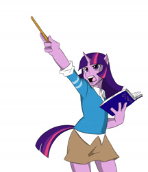 Size: 1350x1560 | Tagged: safe, artist:thecreator9, imported from derpibooru, twilight sparkle, anthro, book, clothes, female, magic wand, open mouth, simple background, skirt, solo, white background