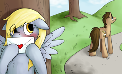 Size: 3797x2311 | Tagged: safe, artist:derpybloo, imported from derpibooru, derpy hooves, doctor whooves, time turner, earth pony, pegasus, pony, bipedal, blushing, cute, derpabetes, doctorderpy, duo, female, floppy ears, fluffy, hiding, high res, letter, love letter, male, mare, nervous, shipping, shy, spread wings, stallion, straight, wings