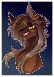 Size: 2760x3920 | Tagged: safe, artist:honeybbear, imported from derpibooru, oc, oc only, oc:valencia, pony, bust, fangs, female, high res, mare, portrait, smiling, solo