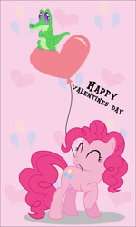 Size: 1024x1707 | Tagged: safe, artist:oobrushstrokeoo, imported from derpibooru, gummy, pinkie pie, alligator, earth pony, pony, reptile, balloon, cutie mark background, eyes closed, heart balloon, holiday, mouth hold, valentine's day