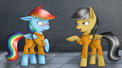 Size: 1920x1080 | Tagged: safe, artist:skywarriorstare, imported from derpibooru, daring do, rainbow dash, pegasus, pony, blushing, bound wings, chains, clothes, commission, commissioner:minivanmaster, duo, pointing, prison, prison outfit, prisoner rd, sweat, tonight you, wings