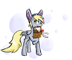 Size: 1227x1020 | Tagged: safe, artist:skywarriorstare, imported from derpibooru, derpy hooves, pegasus, pony, basket, bunny ears, cutie mark background, female, food, mare, muffin, simple background, solo, transparent background