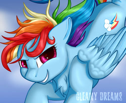 Size: 1024x838 | Tagged: safe, artist:gleamydreams, imported from derpibooru, rainbow dash, pegasus, pony, female, flowing mane, flying, grin, looking at you, smiling, solo, wings