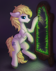 Size: 1758x2223 | Tagged: safe, artist:eltaile, imported from derpibooru, oc, oc only, oc:wholeheart, ghost, pegasus, pony, undead, bone, ear fluff, hooves, magic, male, mirror, smiling, solo, spirit, spooky, witchcraft