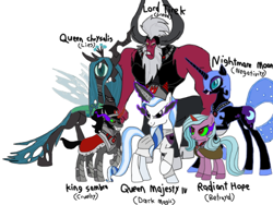 Size: 2048x1536 | Tagged: safe, artist:chanyhuman, idw, imported from derpibooru, king sombra, lord tirek, majesty, nightmare moon, queen chrysalis, radiant hope, centaur, changeling, changeling queen, pony, taur, umbrum, unicorn, antagonist, betrayal, colored horn, corrupted, corruption of magic, cruel, curved horn, dark, dark magic, description is relevant, duchess hope, elements of disharmony, evil queen, fanfic, fanfic art, female, g1, g1 to g4, g4, generation leap, greed, horn, lies, magic, negativity, queen majesty, queen majesty iv, sombra horn, story included, xk-class end-of-the-world scenario