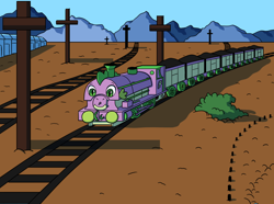 Size: 1280x953 | Tagged: safe, artist:sergeant16bit, imported from derpibooru, spike, bush, commission, inanimate tf, mountain, poles, tracks, train, trainified, transformation, vehicle