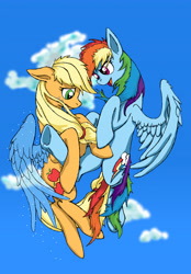 Size: 4818x6915 | Tagged: safe, artist:autumn-plains, imported from derpibooru, applejack, rainbow dash, earth pony, pegasus, pony, fanfic:those blue wings, appledash, cute, duo, ears back, fanfic, female, flying, frown, hanging, hooves, lesbian, looking down, messy mane, open mouth, scared, shipping, sky, smiling, spread wings, underhoof, wings