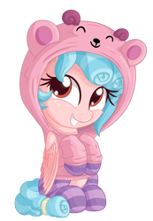 Size: 1717x2478 | Tagged: safe, artist:vito, imported from twibooru, cozy glow, lamb, pony, sheep, clothes, cute, female, filly, hoodie, image, png, simple background, sitting, smiling, socks, stockings, thigh highs