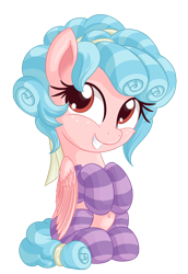 Size: 1611x2344 | Tagged: safe, artist:vito, imported from twibooru, cozy glow, pony, clothes, cute, female, filly, image, png, simple background, sitting, smiling, socks, stockings, thigh highs