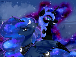 Size: 1024x768 | Tagged: safe, artist:jamoka-rai-kou, imported from derpibooru, nightmare moon, princess luna, alicorn, pony, blue background, blue eyes, blue tail, colored pupils, crown, deviantart watermark, ear fluff, ethereal mane, eyelashes, female, flowing mane, folded wings, glow, grin, helmet, horn, jewelry, obtrusive watermark, regalia, signature, simple background, smiling, sparkles, starry mane, starry tail, stars, tail, teeth, watermark, wings