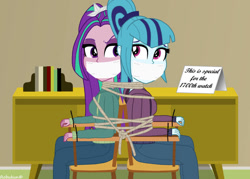 Size: 1058x756 | Tagged: safe, artist:robukun, imported from derpibooru, aria blaze, sonata dusk, equestria girls, back to back, bondage, bound and gagged, bound together, duo, duo female, female, gag, help us, rope, rope bondage, sign, tape, tape gag, tied to chair, tied up