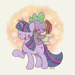 Size: 2048x2048 | Tagged: safe, artist:milk_ism, imported from derpibooru, spike, twilight sparkle, dragon, pony, unicorn, blush sticker, blushing, cute, dragons riding ponies, duo, eyes closed, female, high res, male, mare, open mouth, quill, riding, riding a pony, scroll, sitting, spike riding twilight, unicorn twilight