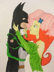 Size: 3024x4032 | Tagged: safe, imported from derpibooru, fluttershy, oc, oc:carlos, oc:lightning burn, human, equestria girls, batman, breasts, busty fluttershy, canon x oc, dc comics, female, male, poison ivy, poison ivyshy, shipping, straight, tied up, traditional art, trapped, vine