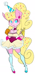Size: 1072x2271 | Tagged: safe, artist:200cups, imported from derpibooru, oc, oc only, oc:sugar sprinkles, anthro, clothes, dress, garter belt, hat, looking at you, party hat, smiling, solo