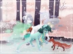 Size: 1753x1314 | Tagged: safe, artist:naezithania, imported from derpibooru, oc, oc:eucalyptus, oc:misbeliever, original species, pony, scented pony, closed species, complex background, digital art, forest background, ice skating, lineless