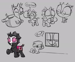 Size: 3000x2500 | Tagged: safe, artist:heretichesh, imported from derpibooru, rumble, oc, oc:s.leech, oc:yvette (evan555alpha), changeling, pegasus, pony, bald face, belly, belly bed, big belly, big head, blaze (coat marking), changeling oc, clothes, coat markings, colt, cosplay, costume, cute, cuteling, facial markings, fake cutie mark, glasses, high res, impossibly large belly, macro/micro, male, purple changeling, role reversal, sketch, sketch dump, smiling, window