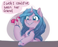 Size: 1012x812 | Tagged: safe, artist:ponchik_art, imported from derpibooru, izzy moonbow, pinkie pie, pony, unicorn, blushing, bracelet, cute, dialogue, eye clipping through hair, eyebrows, eyebrows visible through hair, female, figurine, friendship bracelet, g5, glowing, glowing horn, grin, horn, izzybetes, jewelry, mare, my little pony: a new generation, smiling, solo, speech bubble, unshorn fetlocks