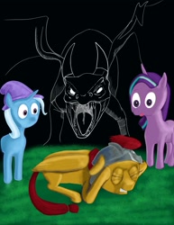Size: 2550x3300 | Tagged: safe, artist:short tale, imported from derpibooru, flash magnus, starlight glimmer, trixie, dragon, pegasus, unicorn, crying, digital art, fanfic, fanfic art, fear, grass, high res, sad, surprised