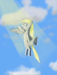 Size: 2550x3300 | Tagged: safe, artist:short tale, imported from derpibooru, derpy hooves, oc, oc:sunray, pegasus, digital art, flying, happy, high res, sky, sunlight
