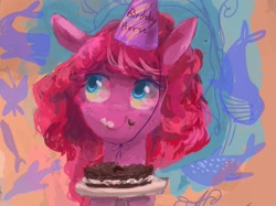 Size: 1367x1023 | Tagged: safe, imported from derpibooru, pinkie pie, earth pony, pony, birthday, cake, food, simple background, solo