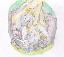 Size: 5105x4572 | Tagged: safe, artist:foxtrot3, imported from derpibooru, oc, oc only, oc:light winds, pegasus, pony, crepuscular rays, eyes closed, flower, flower petals, forest, leaves, nature, scenery, smiling, solo, sunlight, traditional art