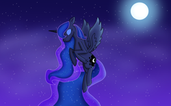 Size: 1920x1200 | Tagged: safe, artist:nitlynjane, imported from derpibooru, princess luna, alicorn, pony, cutie mark, ethereal mane, ethereal tail, eyeshadow, flying, makeup, moon, night, sky, solo, stars, tail, transparent hair, weird anatomy