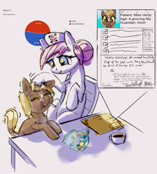 Size: 1097x1220 | Tagged: safe, artist:tiffortat, imported from derpibooru, nurse redheart, oc, oc:verity, earth pony, pony, candy, chair, cute, duo, eyes closed, female, filly, food, implied anon, lollipop, mare, miss /mlp/ 2021, nurse, petting, pie chart, sitting, sweet dreams fuel, verity