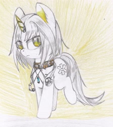 Size: 3531x3933 | Tagged: safe, artist:foxtrot3, imported from derpibooru, pony, unicorn, arknights, collar, doctor, fanfic art, healer, high res, jewelry, kal'tsit, necklace, solo, stethoscope, traditional art
