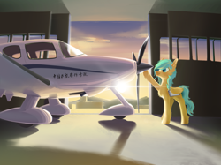 Size: 3649x2735 | Tagged: safe, artist:blue ink, imported from derpibooru, oc, oc only, oc:lemonade candy, pegasus, pony, clipboard, high res, plane, smiling, solo, sun, sunset