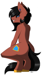 Size: 1285x2268 | Tagged: safe, artist:melodytheartpony, imported from derpibooru, oc, oc only, oc:benjamin terrance tover, anthro, earth pony, unguligrade anthro, ass, bedroom eyes, butt, colored pupils, commission, ear piercing, grin, handsome, hips, looking at you, looking back, looking back at you, male, nudity, piercing, sexy, signature, simple background, smiling, smiling at you, solo, white background