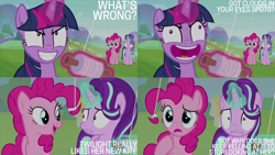 Size: 1280x720 | Tagged: safe, edit, edited screencap, editor:quoterific, imported from derpibooru, screencap, pinkie pie, starlight glimmer, twilight sparkle, alicorn, earth pony, pony, unicorn, starlight the hypnotist, spoiler:interseason shorts, faic, female, grin, hypnosis, hypnotized, kite, magic, mare, open mouth, open smile, shrunken pupils, smiling, telekinesis, twilight hates ladybugs, twilight snapple, twilight sparkle (alicorn)