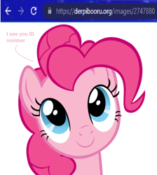 Size: 900x1004 | Tagged: artist needed, safe, imported from derpibooru, pinkie pie, earth pony, pony, derpibooru, breaking the fourth wall, looking up, meta, pinkie being pinkie, simple background, solo, text, white background
