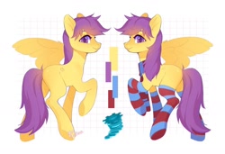 Size: 1440x985 | Tagged: safe, artist:fedos, imported from derpibooru, oc, oc only, pegasus, pony, clothes, reference sheet, smiling, socks, solo, striped socks, thigh highs
